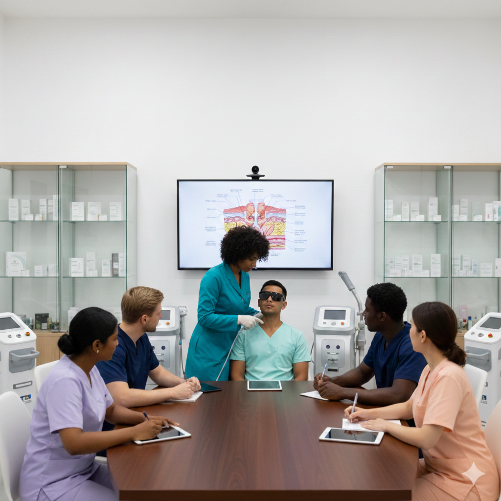 Doctor performing laser skin treatment during clinical cosmetology training at IIMAC Pune